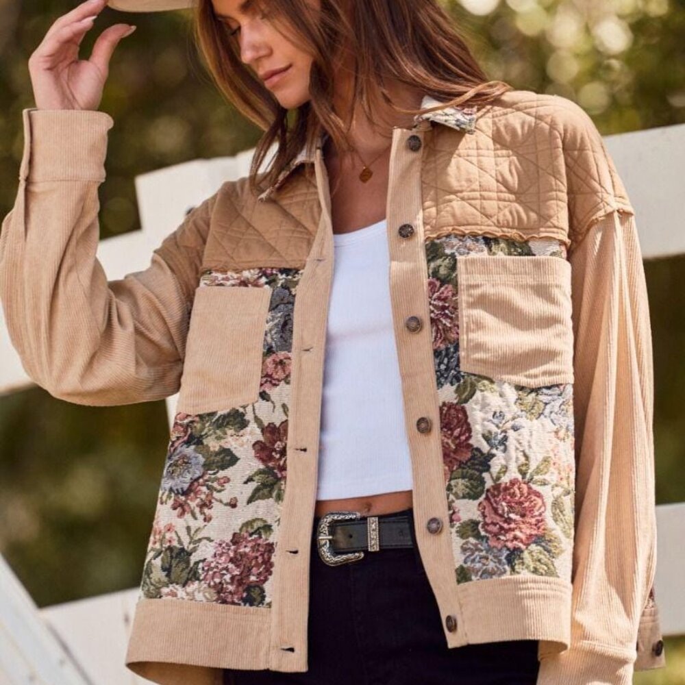 ODDI Beige Floral Jacket Fall Fashion Colorblock Corduroy Coat With Patchwork